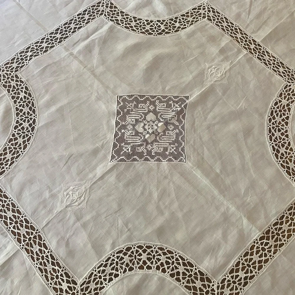 Vintage Linen Crocheted Tablecloth Embroidered White Square 46x46